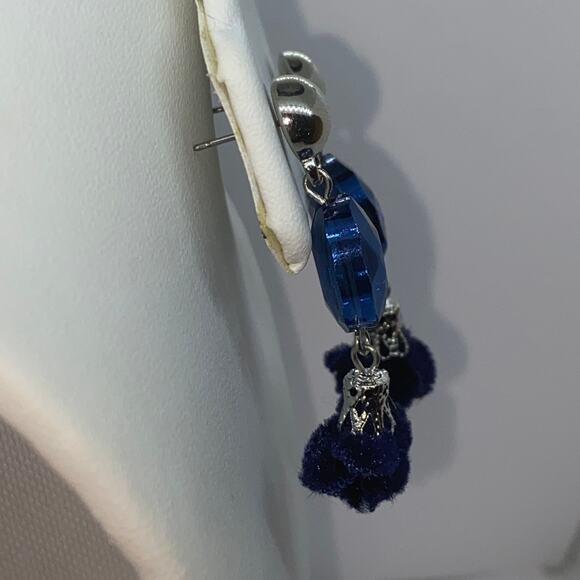 Silver-Tone Blue Beaded & Pom-Pom Dangle Earrings - Picture 6 of 7